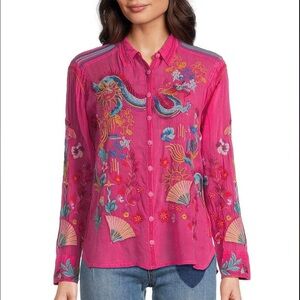 JOHNNY WAS Velouria Embroidered Collar V-Neck Long Sleeve Button Front Blouse